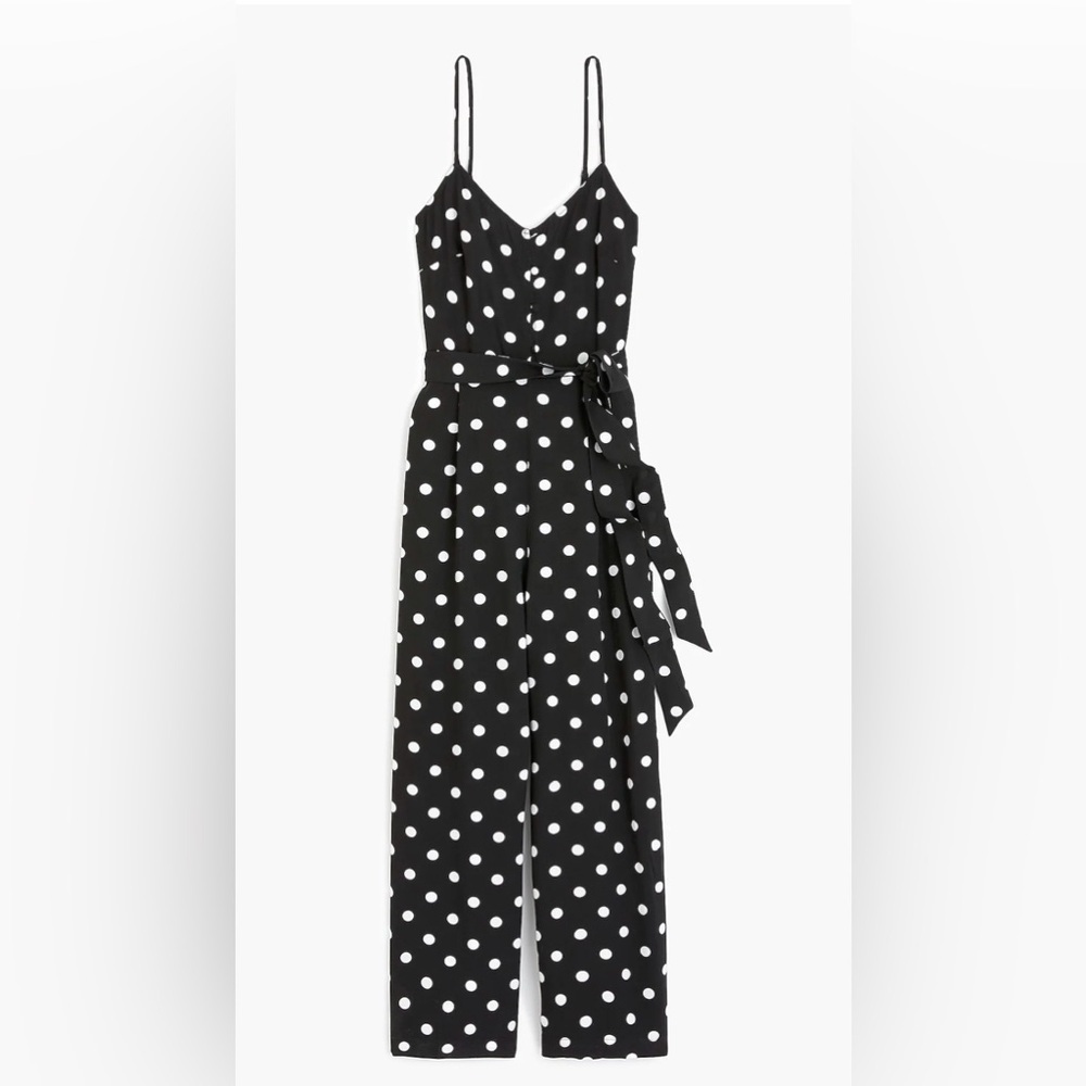 J Crew NWT Strappy wide-leg jumpsuit in black and ivory polka dot
